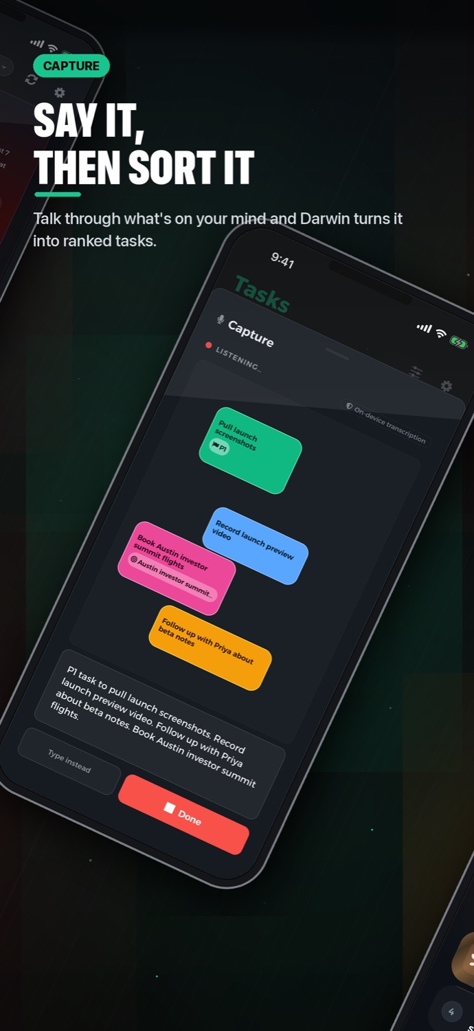 Darwin Capture screen with parsed task notes