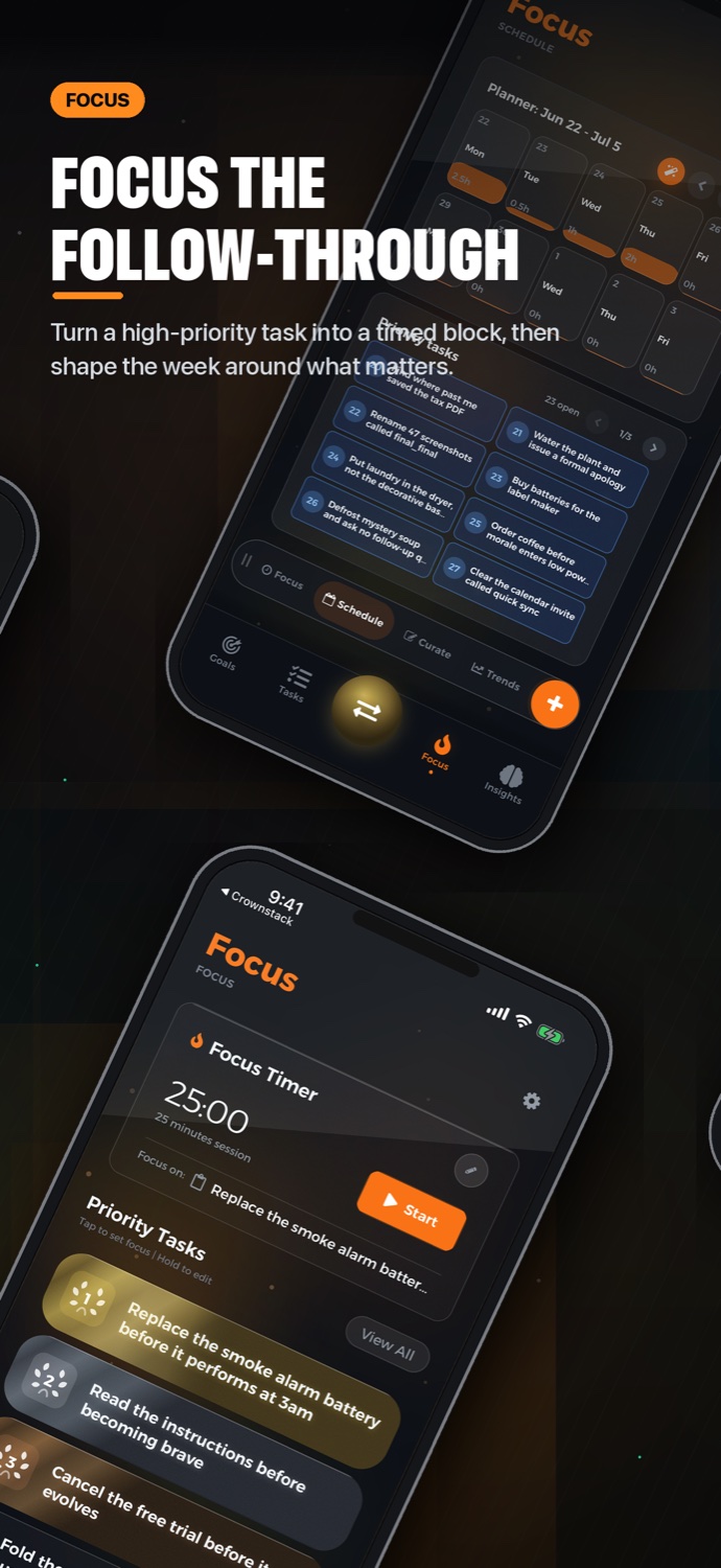 Darwin Focus screen with schedule and focus timer