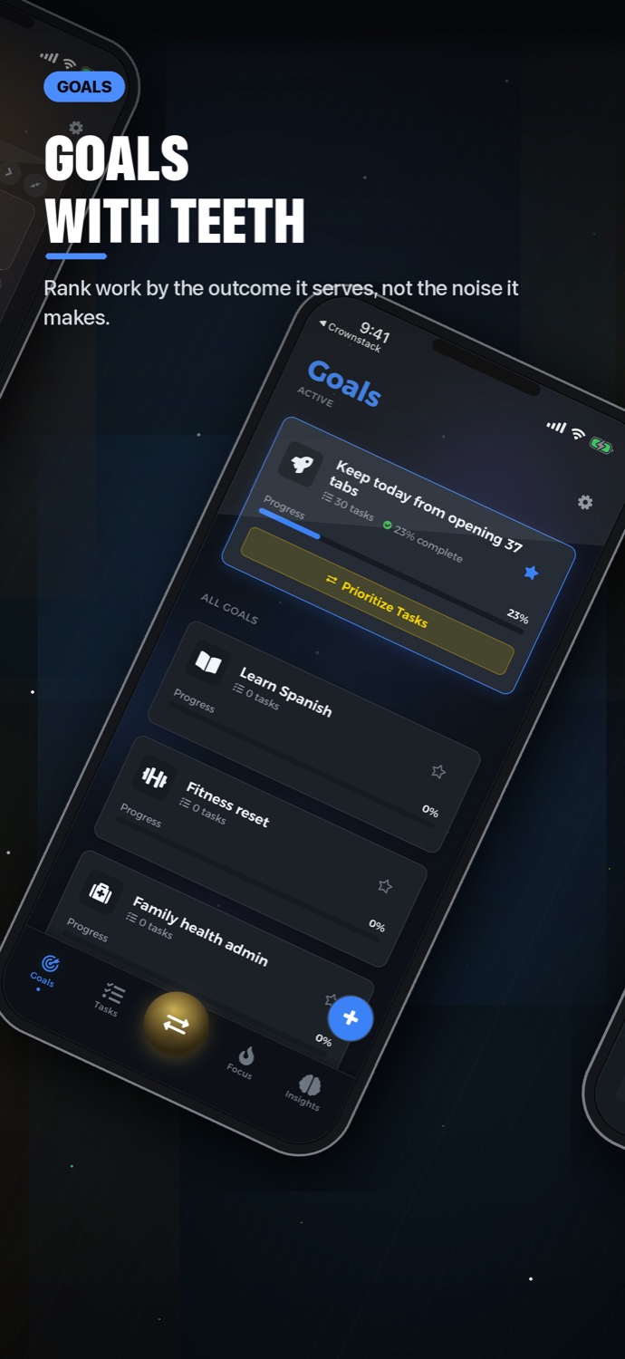 Darwin Goals screen showing ranked goals