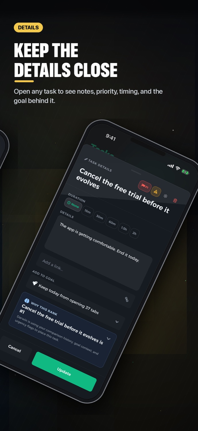 Darwin task detail screen with timing and notes